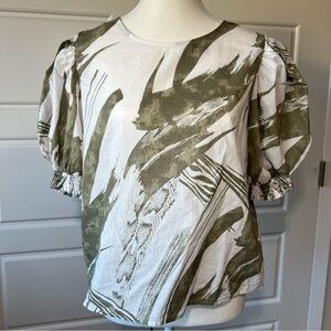 DKNY Brushstroke Print‎ Puff Sleeve Top Smocked Cuffs Trendy Blouse Medium